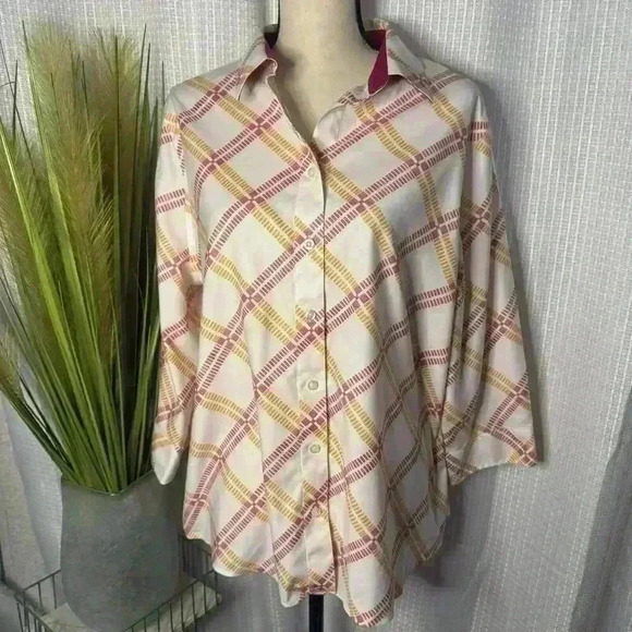 Chico’s Women’s 3 US XL Diamond Stripe Yellow/Orange No Iron Button ⬆️ Blouse... - Picture 1 of 10